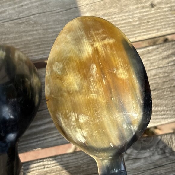 Vintage Hand Carved Horn Spoons Fork Lot of 3 Large Ladle Bovine Horn Canada - Picture 12 of 13